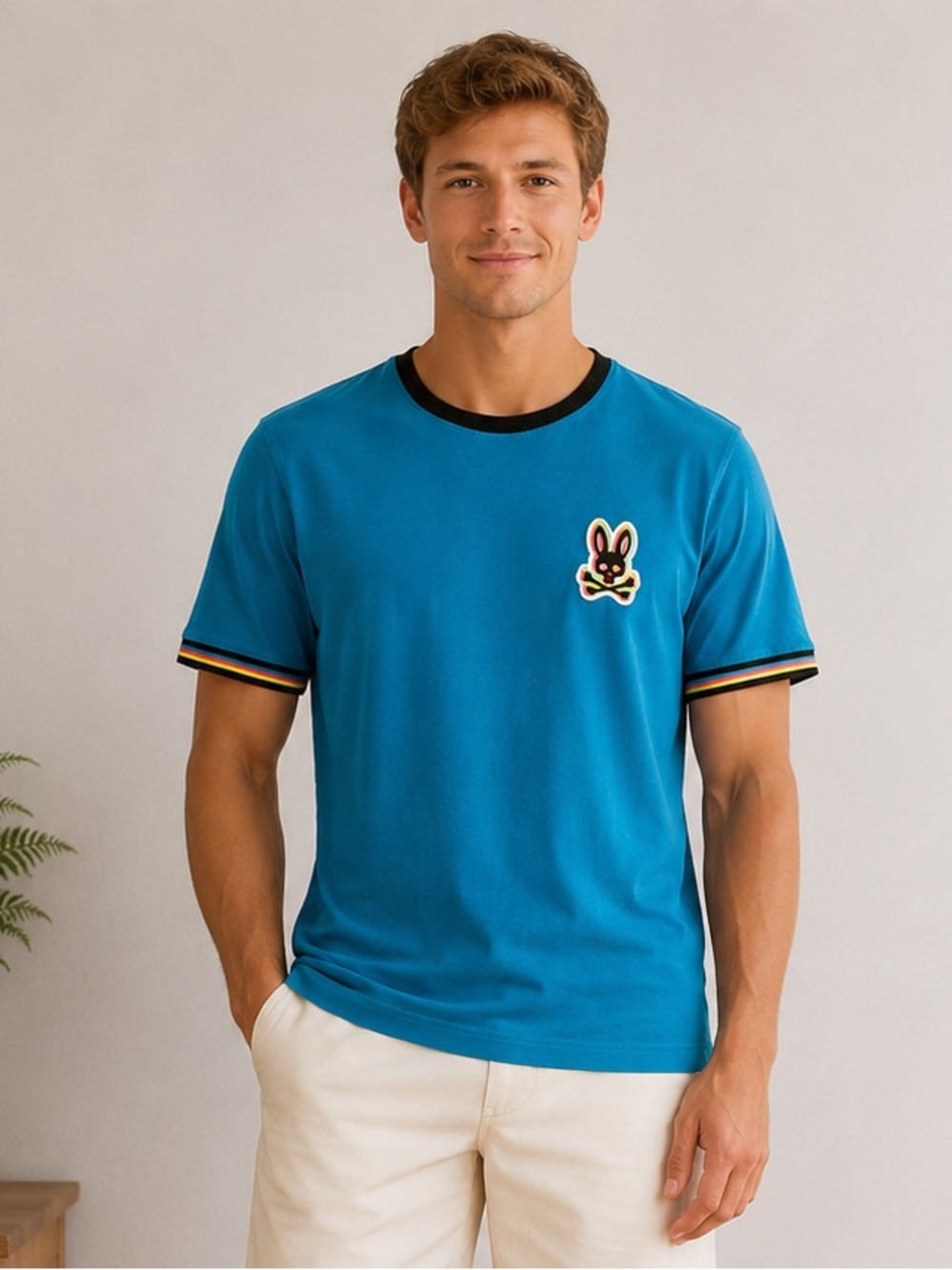 Psycho Bunny Men's Teal Crewneck T-Shirt with Contrast Trim Size 6 - L EUC